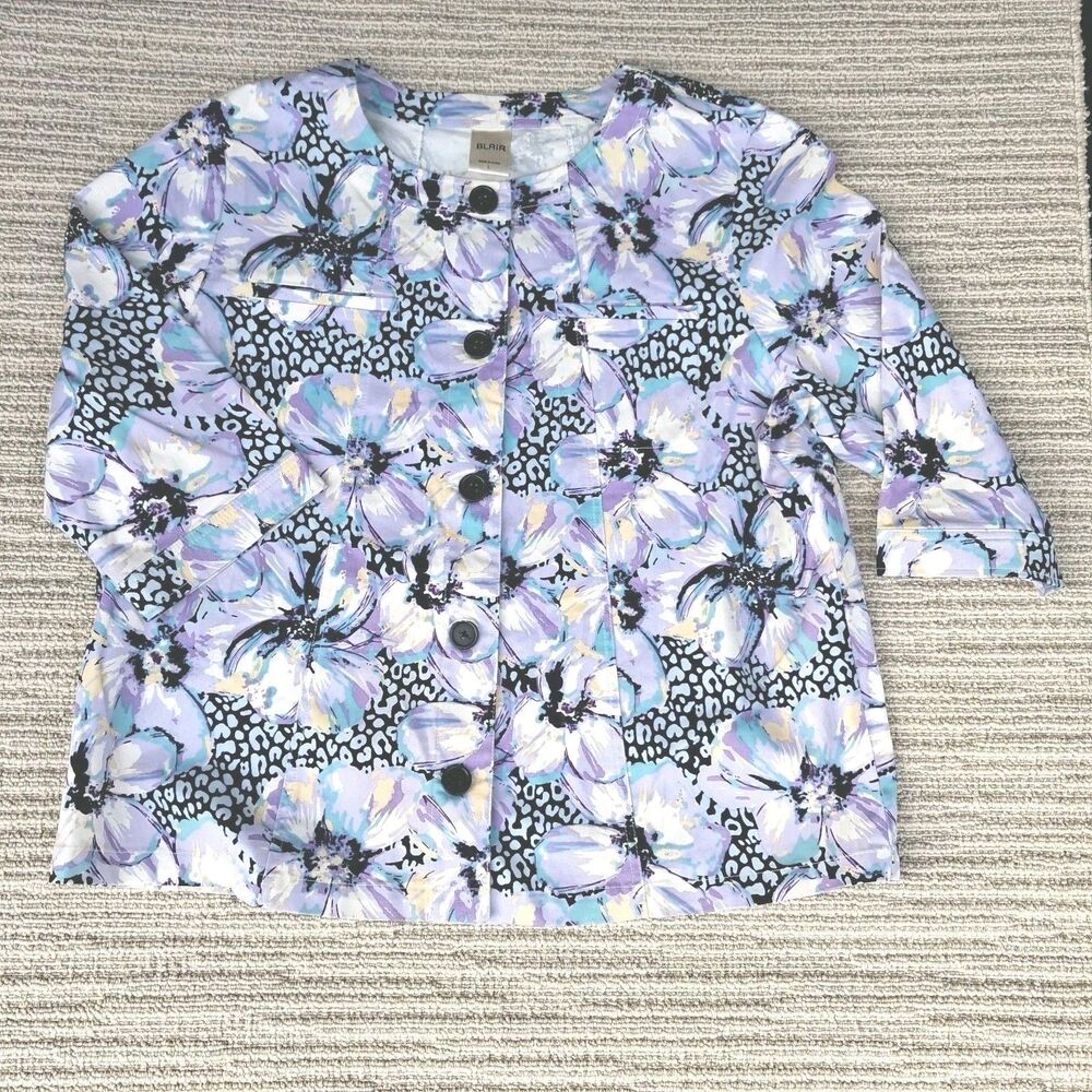 Blair Womens L Floral Animal Print Button Up Blouse Purple Blue 3/4 Sleeve Top